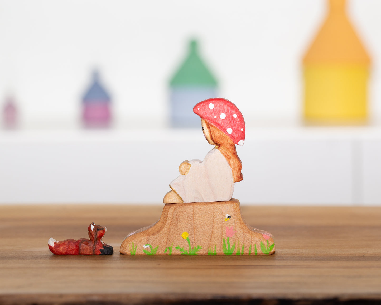 Mushroom child with tree stump and little fox friend