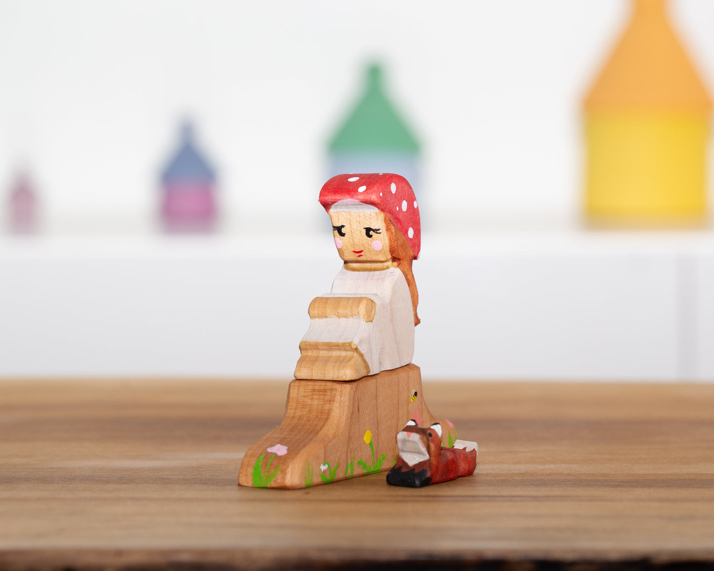 Mushroom child with tree stump and little fox friend
