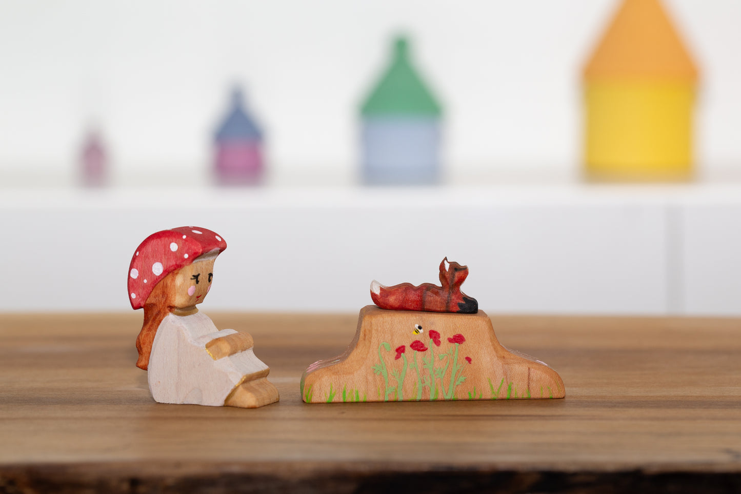 Mushroom child with tree stump and little fox friend
